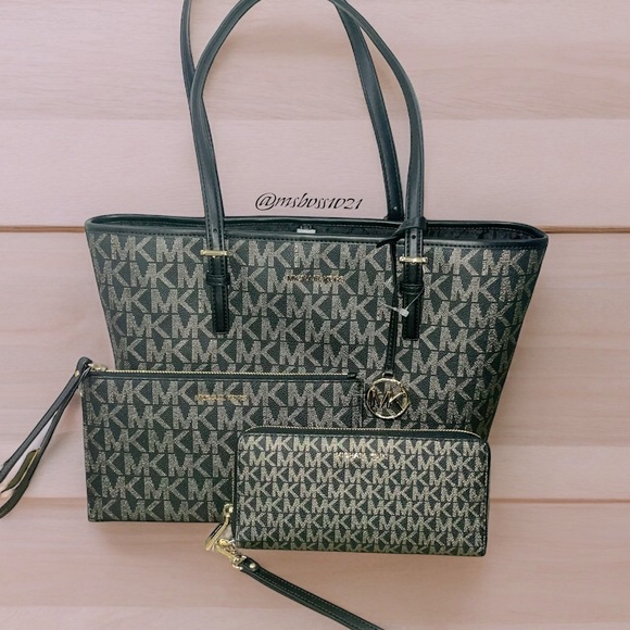 Michael Kors RARE Top Zip Tote + Wristlet + Wallet in Black/Gold NWT